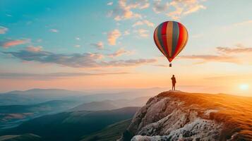 ai generiert enorm Ballon Über das Berge mit Silhouette von das Mann. hoch Qualität. ai generativ foto
