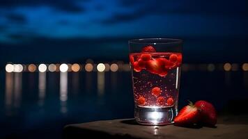 ai generiert einer Glas von Erdbeeren kalt erfrischend trinken auf Meer Hintergrund beim Sommer- Abend, neural Netzwerk generiert Bild foto