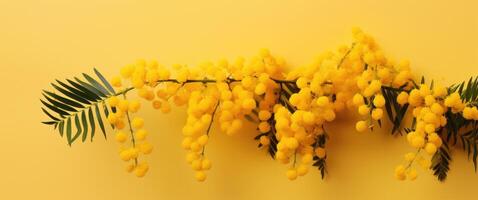 ai generiert ein Bündel von Mimose Blumen auf ein Gelb Hintergrund foto