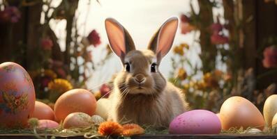 ai generiert ein Hase Sitzung im bunt Eier Umgebung ihm foto