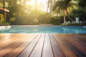 ai generiert Holz Schwimmbad Deck im das Sonnenlicht auf oben von Schwimmen Schwimmbad mit natürlich Rahmen foto