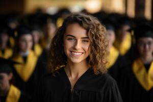 ai generiert ein weiblich Absolvent lächelnd unter Abschluss Absolventen foto