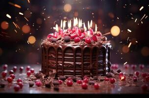 ai generiert ein Schokolade Kuchen mit Kerzen ist gezeigt oben gegen ein Hintergrund foto