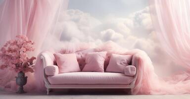 ai generiert ein Rosa Sofa im ein Zimmer mit Weiß Vorhänge foto