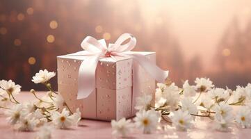 ai generiert ein Rosa Box mit Weiß Blumen entlang mit Bänder foto