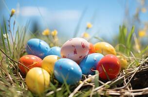 ai generiert ein bunt Ostern Ei Sitzung auf Gras foto