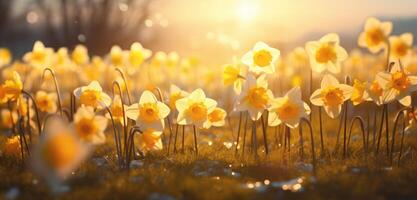 ai generiert ein Feld von Gelb Narzissen im das Frühling Zeit foto