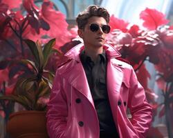 ai generiert ein Mann tragen übergroß Blazer und schwarz Sonnenbrille, während tragen ein Rosa Jacke und Jeans foto