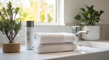 ai generiert ein Paar von gestapelt Handtuch Handtücher auf ein Badezimmer Arbeitsplatte foto
