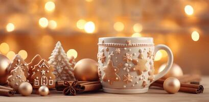 ai generiert ein klein Kaffee Becher dekoriert mit Lebkuchen und Weihnachten Beleuchtung foto