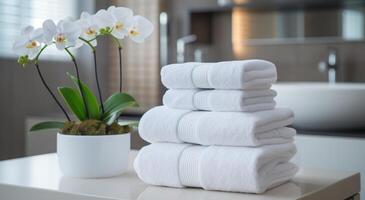 ai generiert ein Paar von gestapelt Handtuch Handtücher auf ein Badezimmer Arbeitsplatte foto