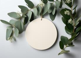 ai generiert ein Weiß Kreis mit Eukalyptus Blätter auf Es, foto