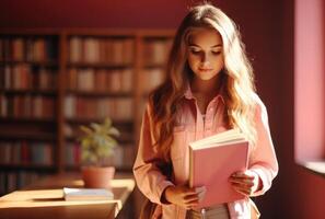 ai generiert ein Mädchen halten ein Rucksack und ihr Bücher Hochschule foto