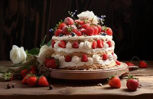 ai generiert ein Mandel Erdbeere Kuchen auf ein hölzern Tisch, foto