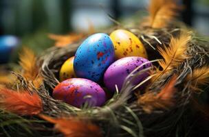 ai generiert ein bunt Ostern Ei Sitzung auf Gras foto