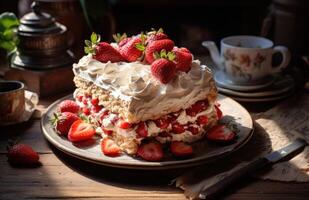 ai generiert ein Mandel Erdbeere Kuchen auf ein hölzern Tisch, foto