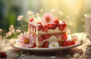 ai generiert ein Erdbeere Kuchen ist Sein platziert auf ein Teller Nächster zu ein Blume foto