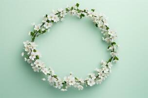 ai generiert ein Weiß Blumen- Kranz auf ein Licht Grün Hintergrund foto