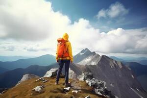 ai generiert Tourist auf Berg Gipfel beim sonnig Sommer- Tag. aktiv Leben und Freizeit Konzept. neural Netzwerk generiert fotorealistisch Bild foto