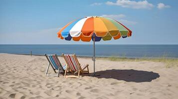 ai generiert Strand Regenschirm mit Stühle auf das Sand Strand - - Sommer- Ferien Thema Header, neural Netzwerk generiert Kunst foto