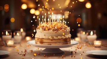 ai generiert Geburtstag Kuchen mit viele von Kerzen auf Gold Teller foto