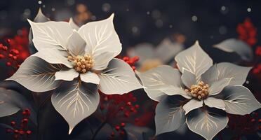 ai generiert ein Gold Hintergrund mit Weiß Weihnachtsstern Blumen foto