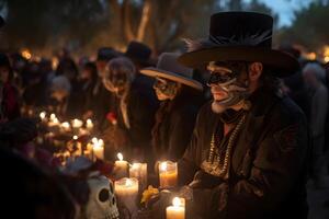 ai generiert kostümiert Cowboy mit Schädel bilden im Vorderseite von ein Tabelle mit Kerzen beim das Veranstaltung zum dia de los Muertos beim Nacht, neural Netzwerk generiert Bild foto