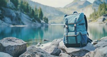 ai generiert ein draussen Rucksack auf ein Felsen in der Nähe von ein See foto