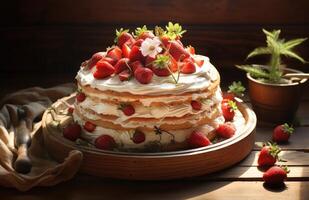 ai generiert ein Mandel Erdbeere Kuchen auf ein hölzern Tisch, foto