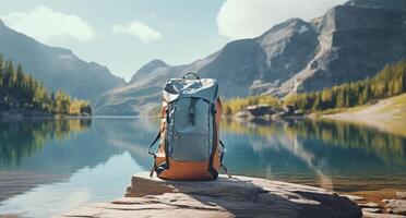 ai generiert ein draussen Rucksack auf ein Felsen in der Nähe von ein See foto