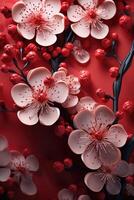 ai generiert ein abstrakt rot Hintergrund mit rot Blüten und Geäst foto