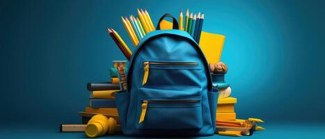 ai generiert Blau und Gelb Rucksack und Bleistifte auf das Blau Hintergrund foto