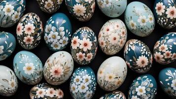 ai generiert Blau Blumen- gemalt Ostern Eier sind gefüttert oben im Reihen foto