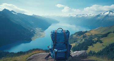 ai generiert Blau Rucksack auf ein Berg mit Berge und See im Hintergrund foto