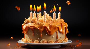 ai generiert ein Orange Geburtstag Kuchen Das hat fünf Kerzen auf oben foto
