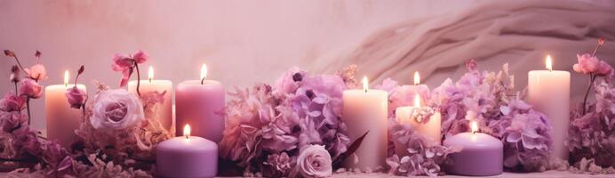 ai generiert ein Bild von Kerzen und Blumen mit lila Blumen foto
