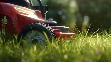 ai generiert schließen oben von Rasen Mäher im Aktion auf Rasen beim sonnig Sommer- Tag, neur al Netzwerk generiert Bild foto