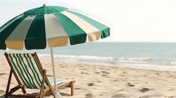 ai generiert Strand Regenschirm mit Stuhl auf das Sand Strand - - Sommer- Ferien Thema Header, neural Netzwerk generiert Kunst foto