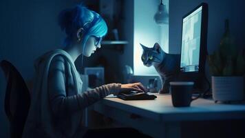 ai generiert blauhaarig kaukasisch Mädchen mit Computer Sitzung beim Zuhause Büro, neural Netzwerk generiert Kunst foto