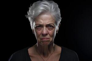 ai generiert finsterer Blick Senior kaukasisch Frau, Kopf und Schultern Porträt auf schwarz Hintergrund. neural Netzwerk generiert fotorealistisch Bild foto