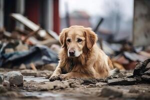 ai generiert allein nass schmutzig golden Retriever nach Katastrophe auf das Hintergrund von Haus Schutt, neural Netzwerk generiert Bild foto