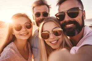 ai generiert glücklich Familie Ausgaben gut Zeit beim das Strand zusammen - - Selfie Stil, neural Netzwerk generiert Bild foto