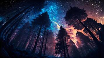ai generiert Fantastisch Sommer- Nacht Wald mit Sterne und Nebel, neural Netzwerk generiert Kunst foto