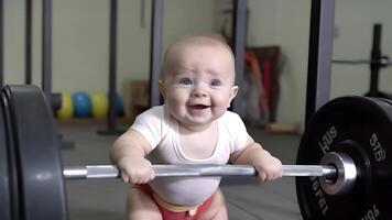 ai generiert ittle lächelnd kaukasisch stark Baby Junge Aufzüge ein 400 kg Hantel, neural Netzwerk generiert Bild foto
