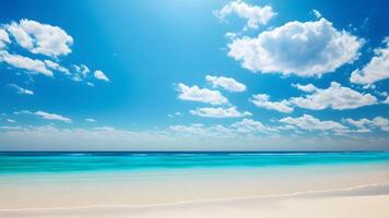 ai generiert Sommer- Strand Hintergrund. Weiß Sand, Türkis Meer und Blau Himmel, neural Netzwerk generiert Kunst foto