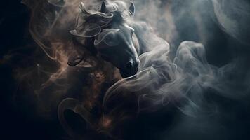 ai generiert künstlerisch zündete Pferd Kopf mit Rauch und Dämpfe auf schwarz Hintergrund, neural Netzwerk generiert Bild foto