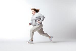ai generiert Übergewicht jung Erwachsene kaukasisch Frau Laufen auf Weiß Hintergrund, Konzept von Übergewicht und Gewicht Verlust. neural Netzwerk generiert fotorealistisch Bild foto