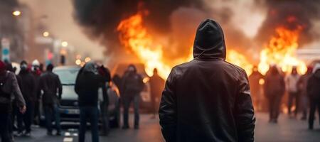 ai generiert Straße randalieren im Stadt mit Demonstranten und Verbrennung Autos, neural Netzwerk generiert fotorealistisch Bild foto