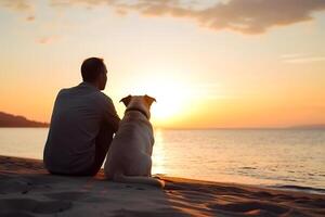 ai generiert Freundschaft Konzept. Mann und Hund Sitzung zusammen beim Meer Strand und suchen beim Sonnenuntergang, neural Netzwerk generiert Kunst foto