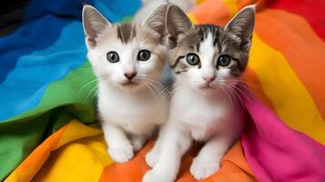 ai generiert Paar von Kätzchen auf Regenbogen lgbt Flagge, neural Netzwerk generiert Bild foto